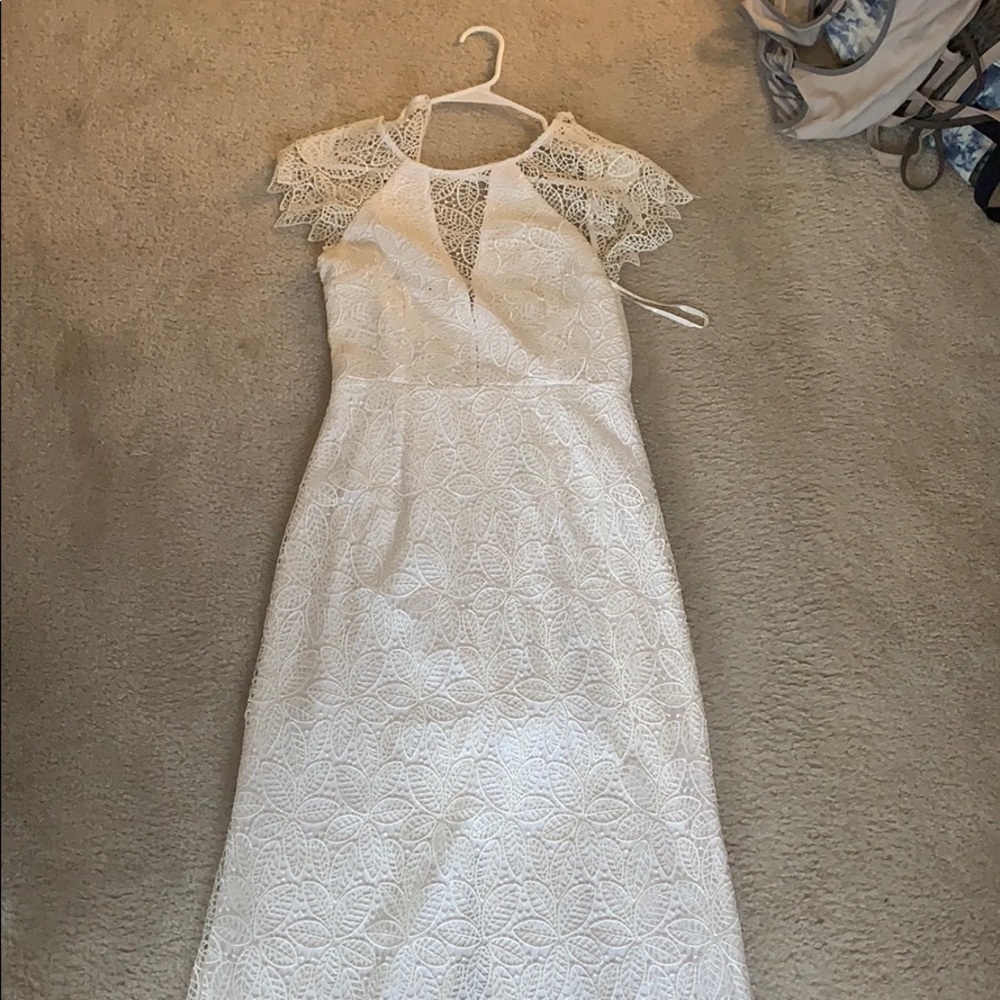 White long open back lace dress